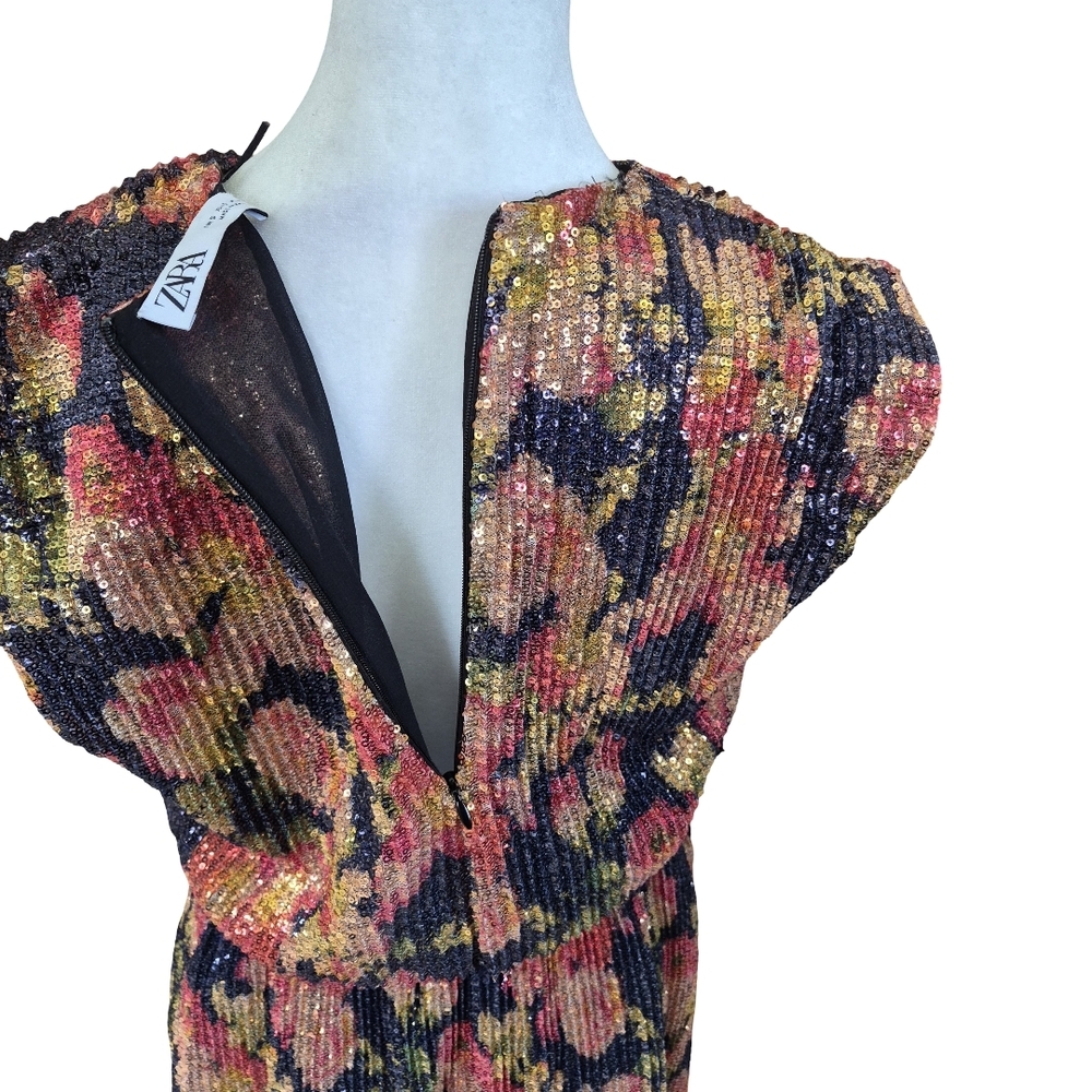 Zara Floral Sequin Dress - Black, Pink, Gold - Picture 5 of 9